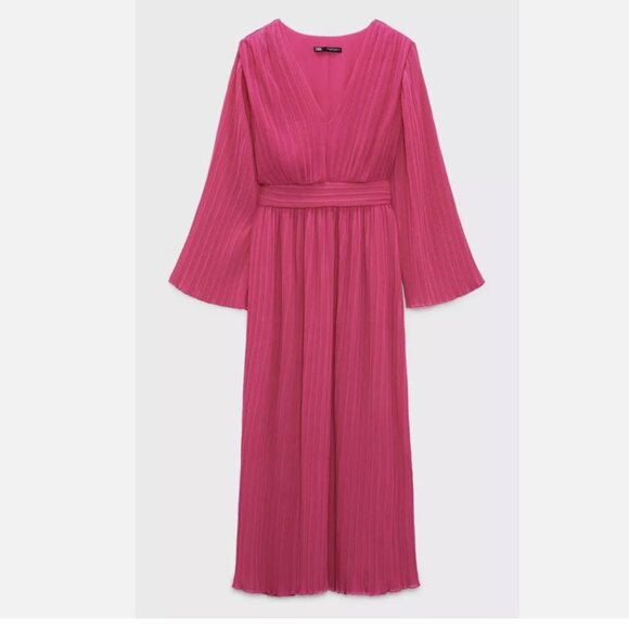 NWOT ZARA WOMAN NWT FUCHSIA PLEATED V-NeckMIDI CHIFFON DRESS_7969/053 - Picture 3 of 6